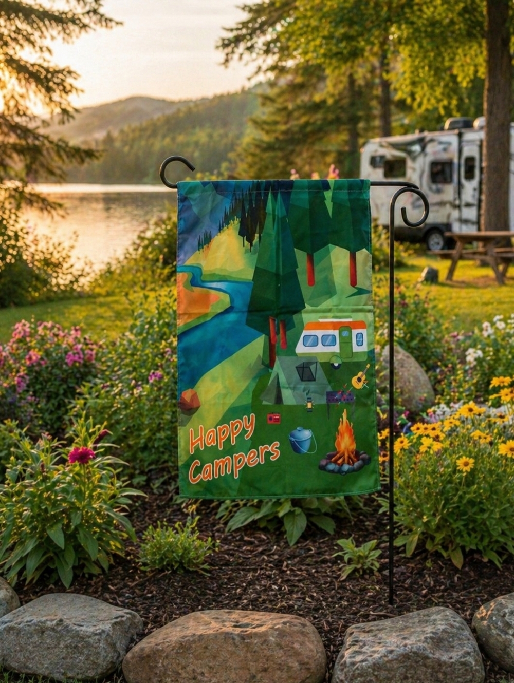 Happy Campers Garden Flag RV Camping Outdoor Flag 37x25 Nature Cabin Decor